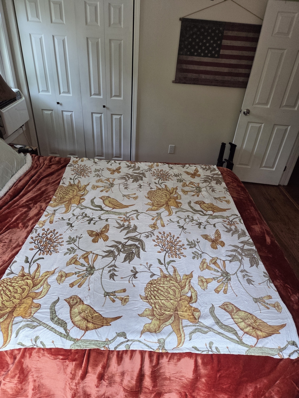 Floral & Bird Printed Quilt Throw - Yellow on White
